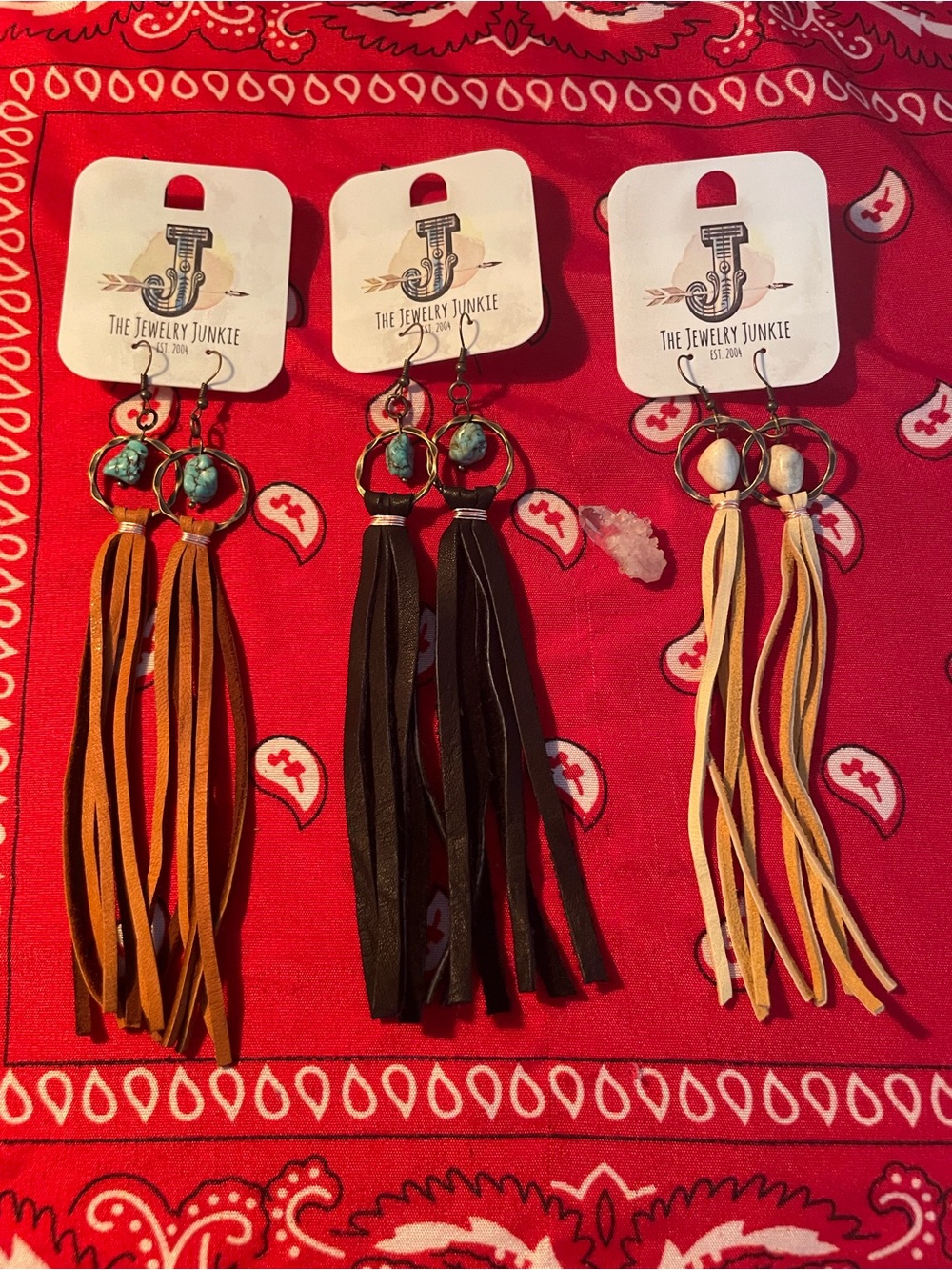 THREE Turquoise Drop Tassel Fringe Earrings - Brown Cream Black